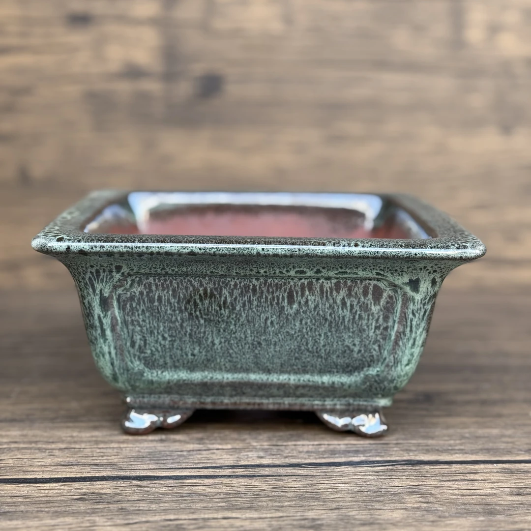 宜兴紫砂高温釉盆，全手高温结晶四方斗笠云足釉盆