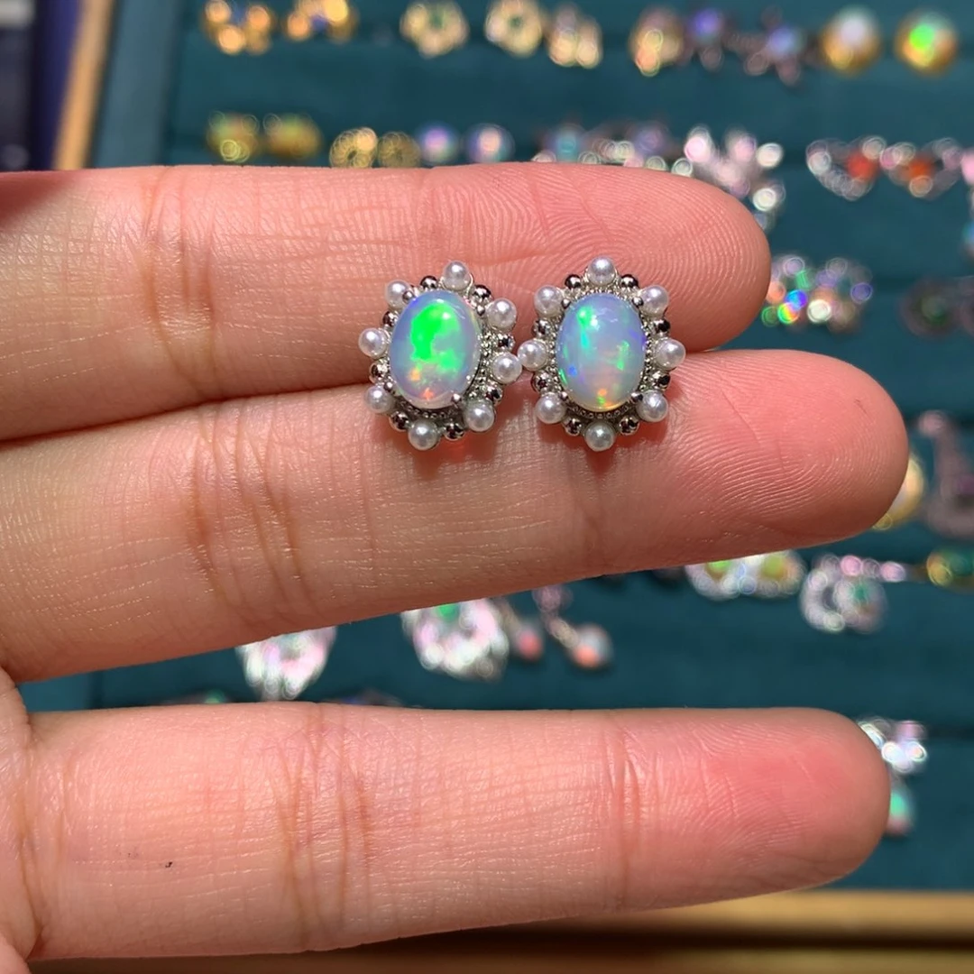 银S925镶嵌欧泊耳钉