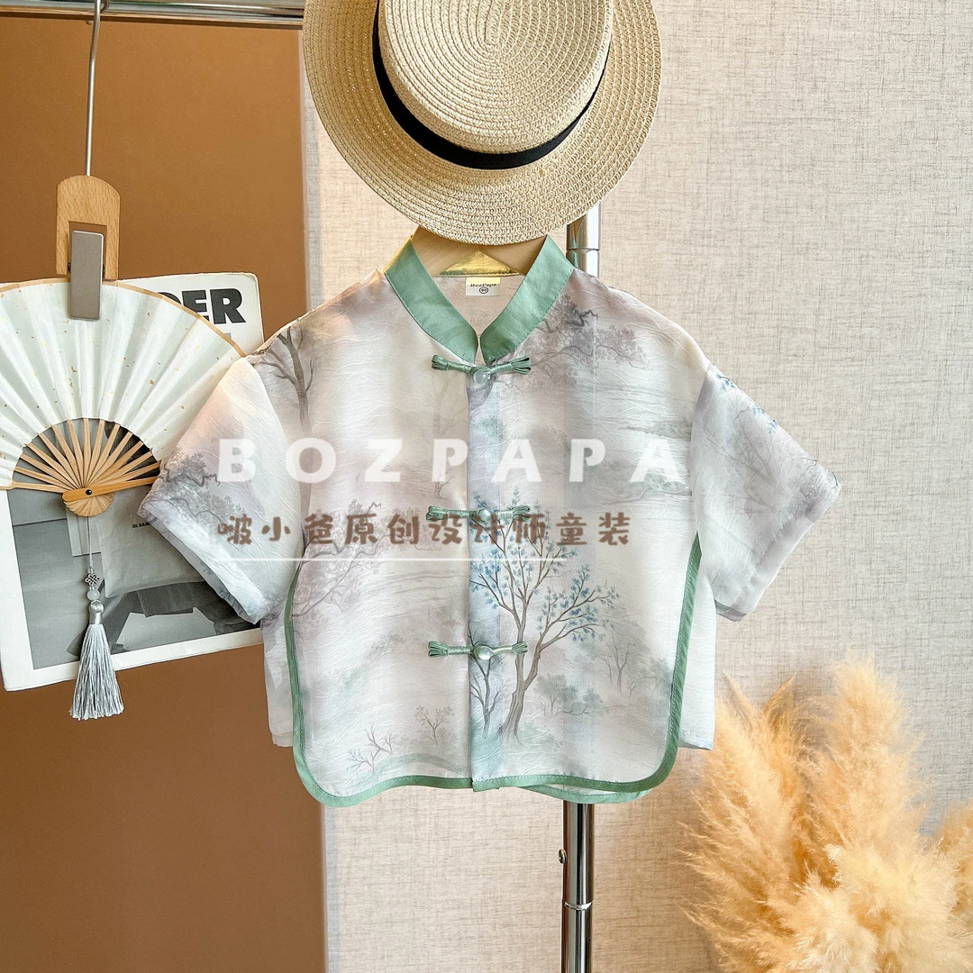 啵小爸【烟灰漱玉】2025夏季男童新中式浅灰印花绿色锁边衬衫套装