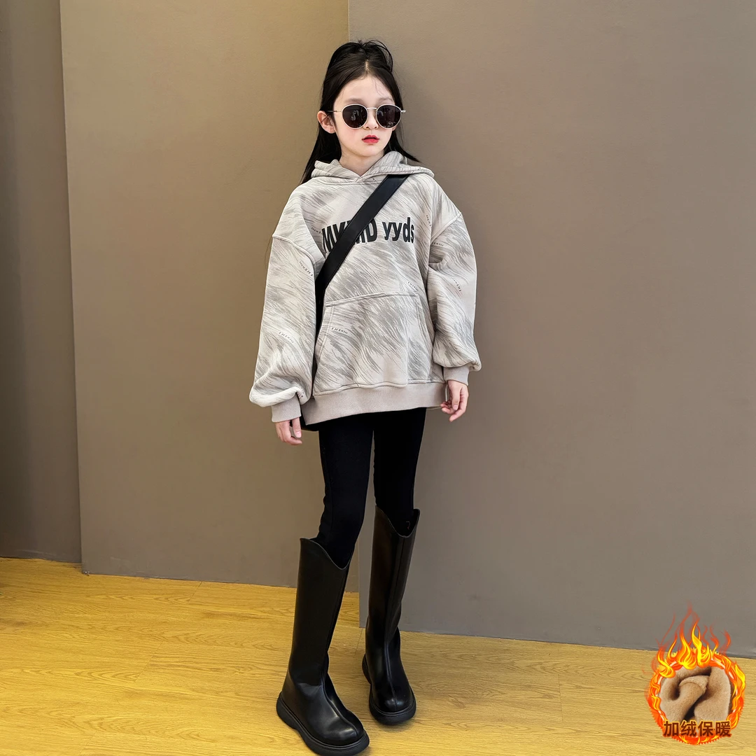 女童2025新款秋冬季韩版时尚加绒休闲洋气连帽卫衣加绒铅笔裤套装