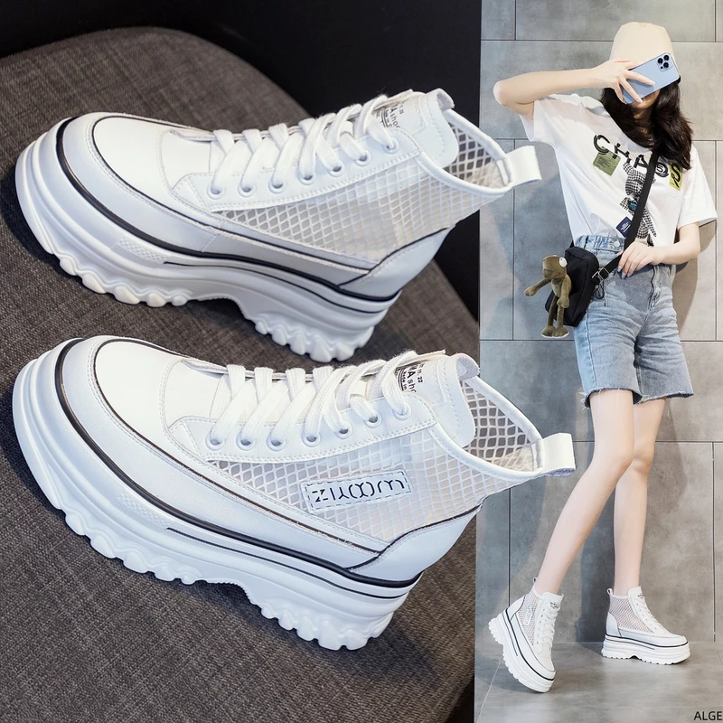 万达撤柜头层牛皮夏季款高帮鞋女8cm网面透气休闲鞋厚底小白鞋女.