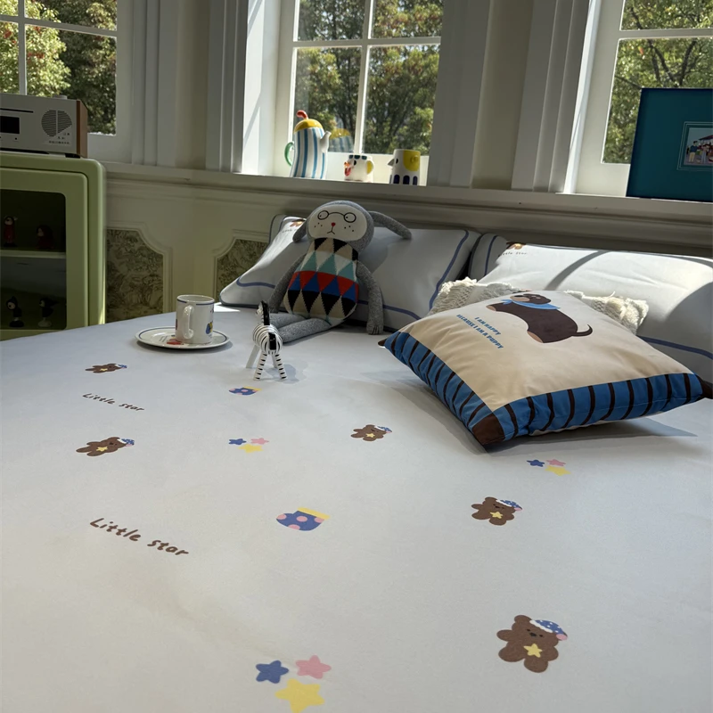 易安阁卡通可爱小熊蓝灰冰藤席夏凉席床席三件套空调席子1.5m米