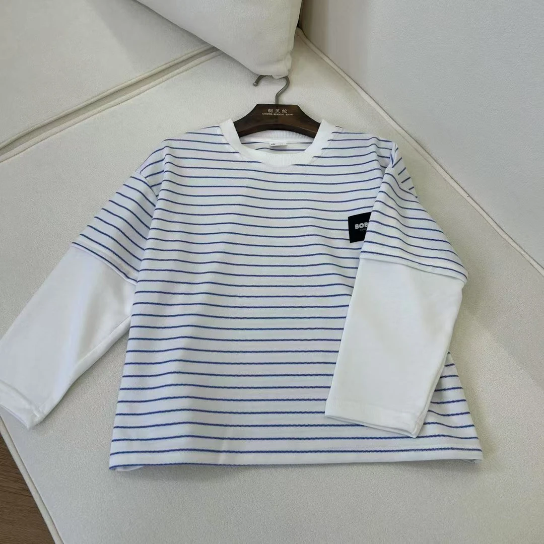 春季新款休闲舒适百搭儿童条纹拼接长袖H3160