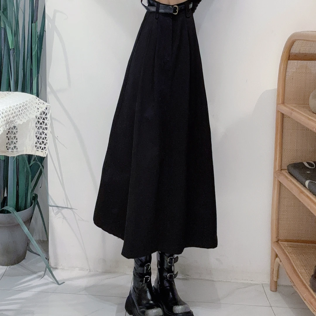 ED40060565B冬季文艺风咖色棉质半身裙松紧高腰显瘦小个子a字伞裙