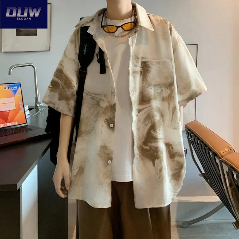 O.U.W扎染速干冰丝短袖衬衫男夏季薄款轻熟风衬衣服宽松5分袖外套