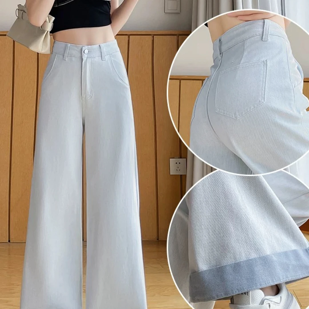 浅灰色卷边阔腿牛仔裤女2025秋季薄款高腰宽松弹力撞色大脚流浪裤