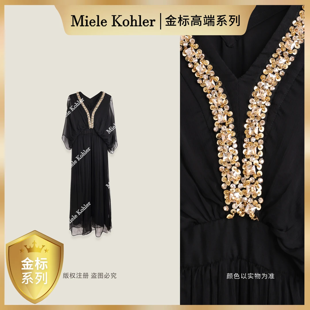 【金标高端系列】【金韵芳华】100%桑蚕丝夏季镶钻连衣裙女MKAX82747