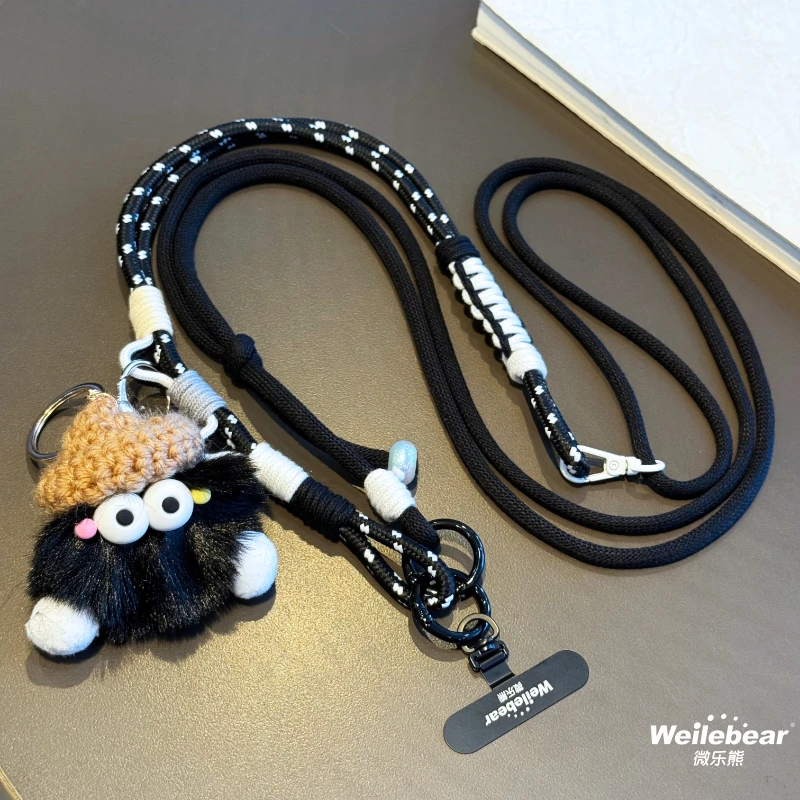 可爱煤球豆丁手机挂绳斜挎可背棉绳编织可调节带子垫片户外防丢绳