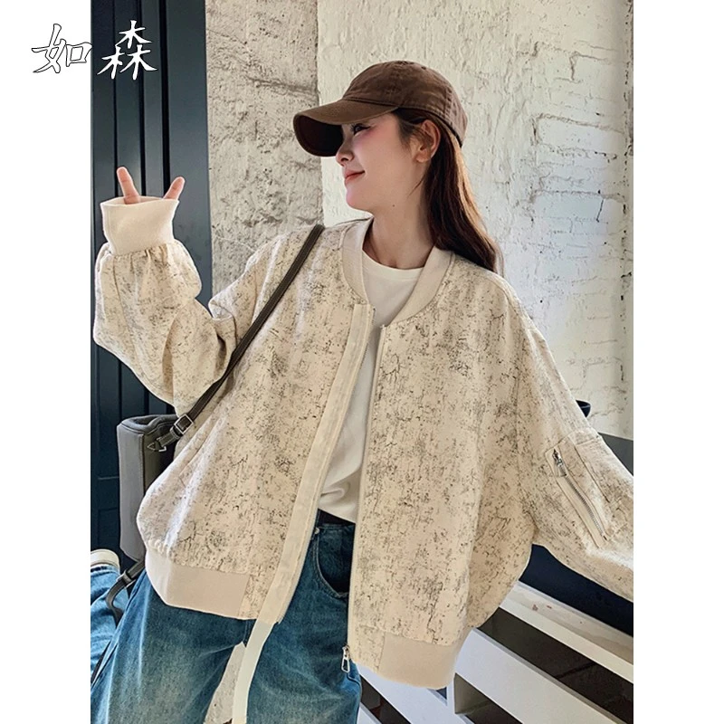 新中式印花棒球服外套女春秋2025新款流行休闲百搭国风薄款上衣