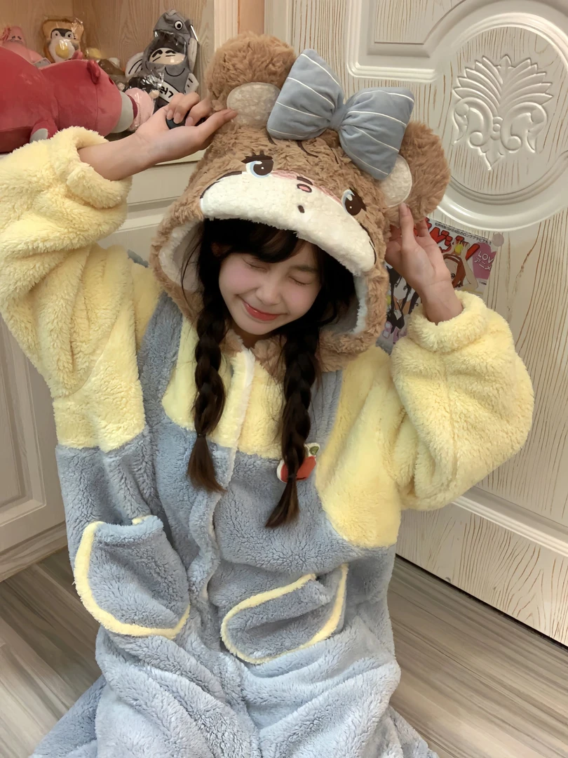 【VNS】-冬季可爱连帽珊瑚绒睡衣女加绒睡袍家居服睡袍#创-23C398