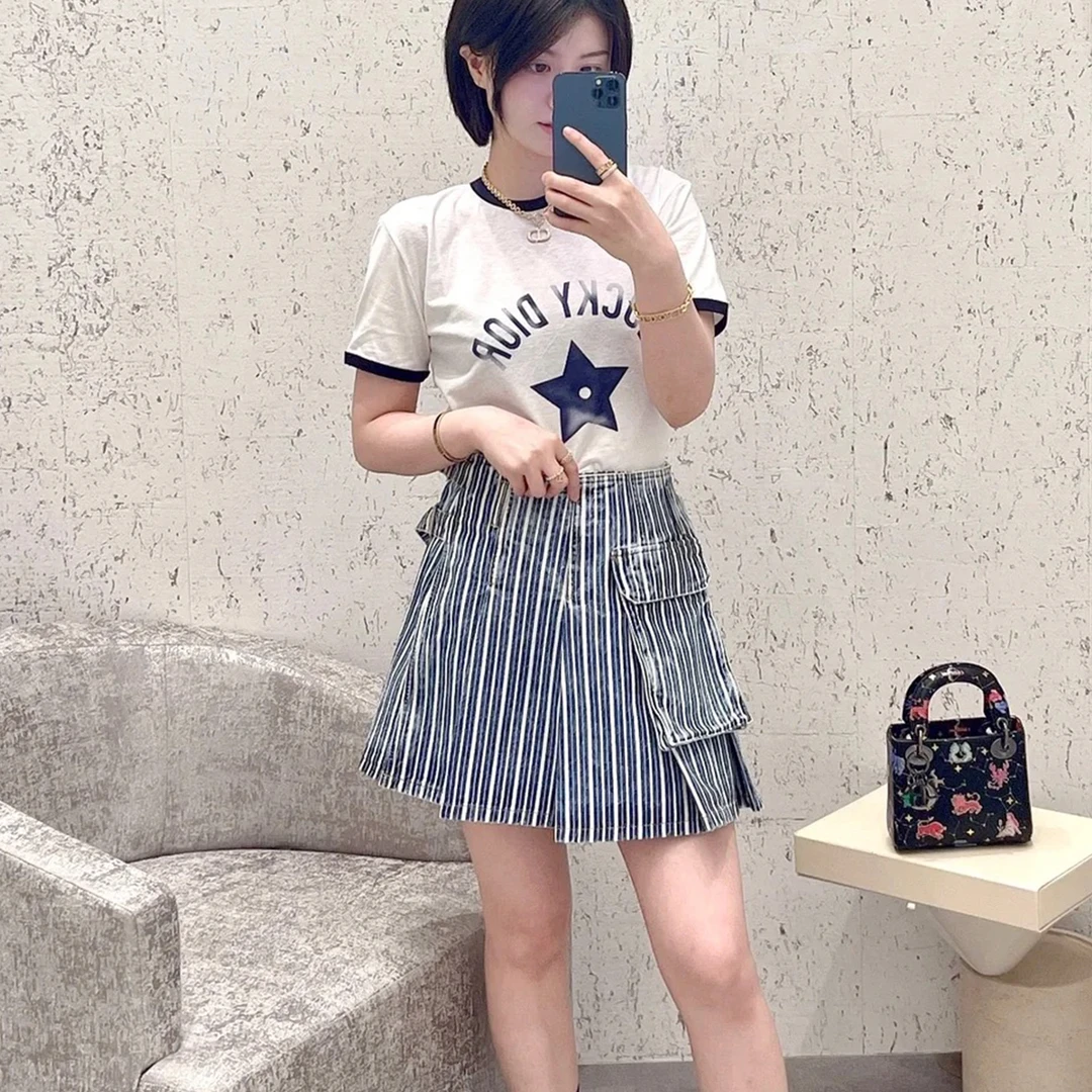 未使用 DIOR/迪奥 蓝白竖纹牛仔裙