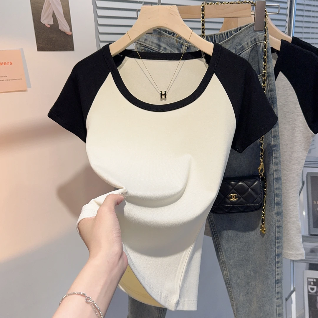 U领t恤女短袖修身夏季撞色上衣螺纹正肩大领口拼接打底衫女内搭潮