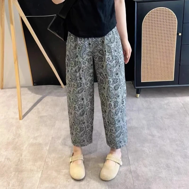 腰果花九分松紧腰气球裤大码女装2025夏季薄款高腰休闲舒适小个子