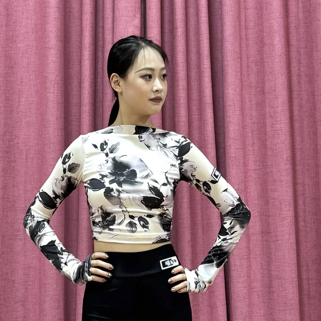 喵舞国标拉丁舞服摩登百搭上衣长袖套手指一字领印花修身成人女士