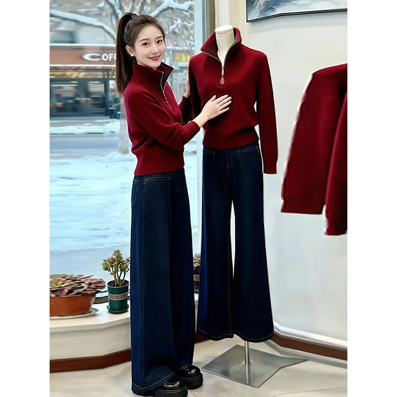 兹伊翰【红色流年】时尚慵懒风半拉链针织衫女2025冬季新款显瘦毛衣