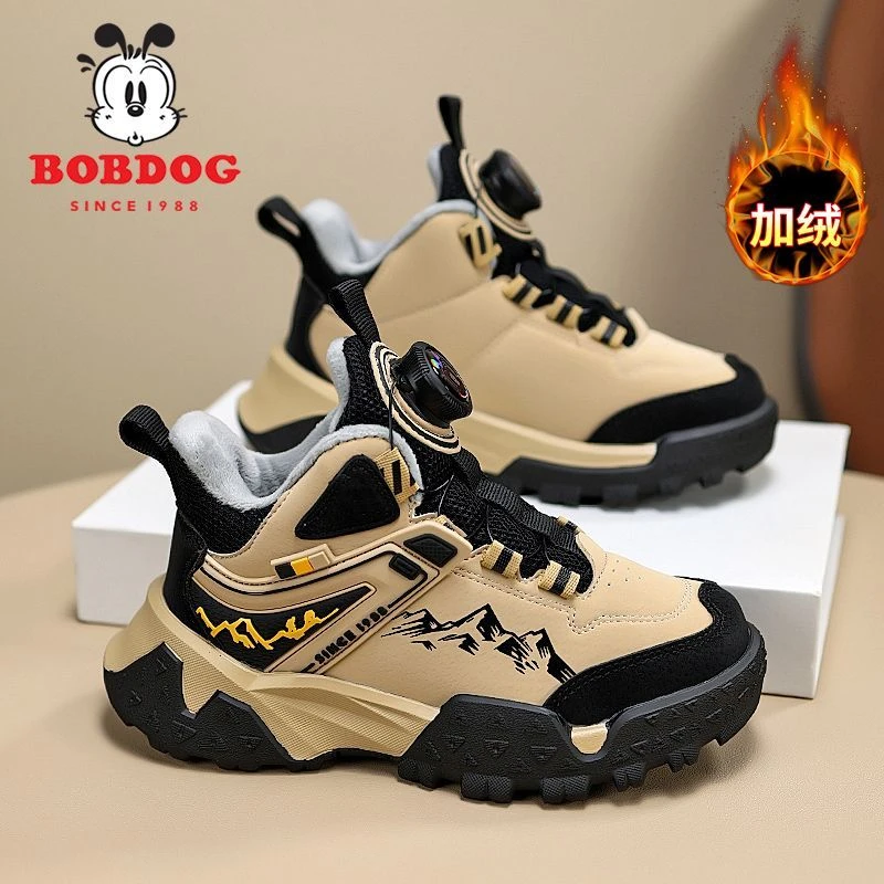 巴布豆男童运动鞋秋冬款保暖皮面户外儿童鞋子男孩冬季加绒二棉鞋