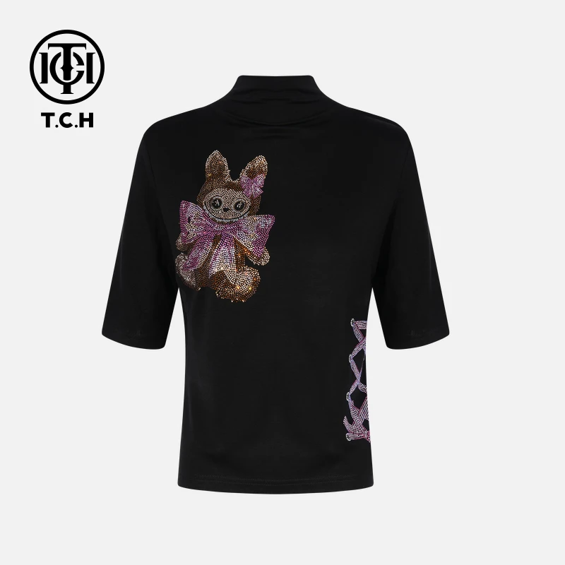TCH烫钻工艺时尚休闲百搭松弛感秋款T恤女T75C10E5000轻奢tch