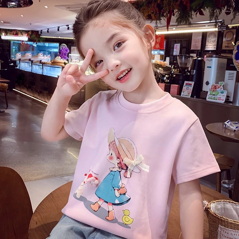 【现货】米米哈罗女童韩系女孩休闲时髦宽松卡通印花短袖T恤 X25159