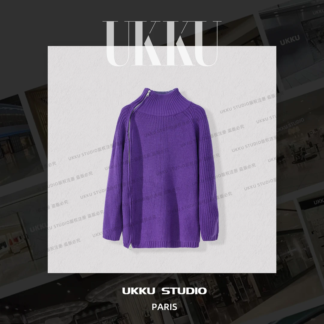 娟【UKKUSTUDIO】常规立领纯色针织厚款女衫中长款211593