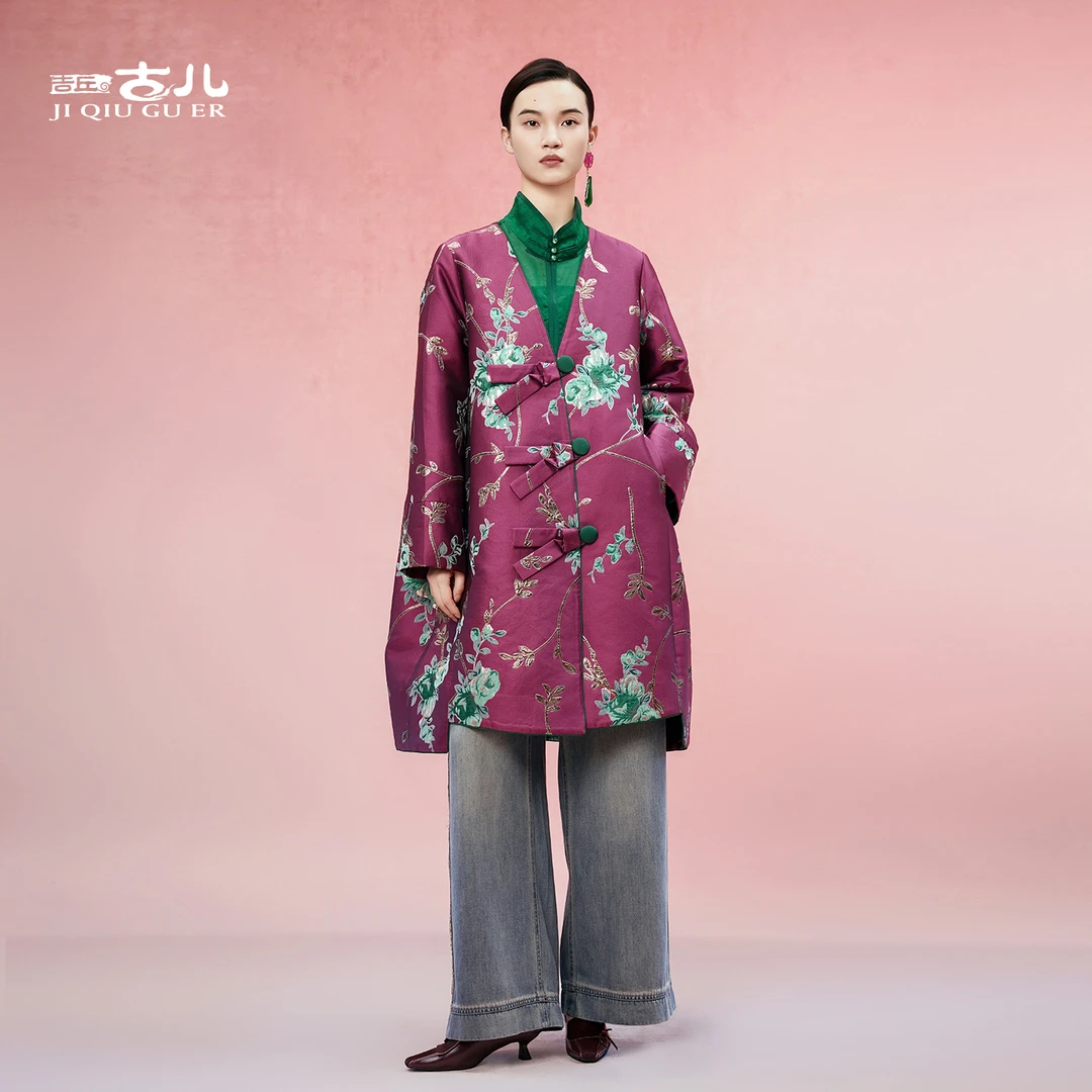 吉丘古儿椿茶提花长外套气质复古女士Oversize风衣秋款G253Y015