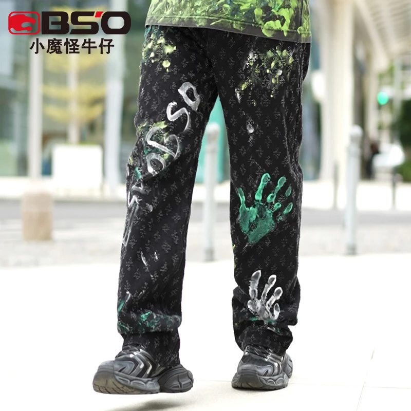 小魔怪秋冬新款手绘涂鸦提花牛仔裤男款美式高街潮牌宽松直筒长裤