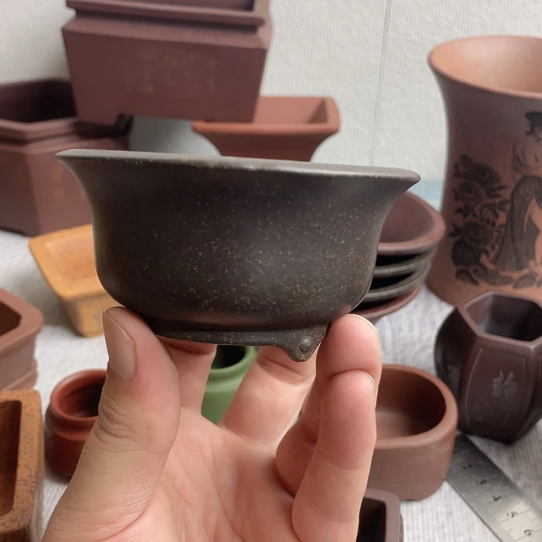 紫砂花盆宜兴精品紫砂小金钟古铜色7×3