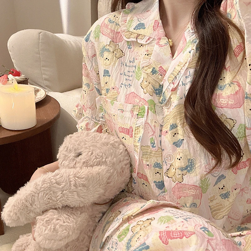 日系ins风毛绒小熊泡泡棉卡通短袖睡衣女夏三件套长裤卡通家居服