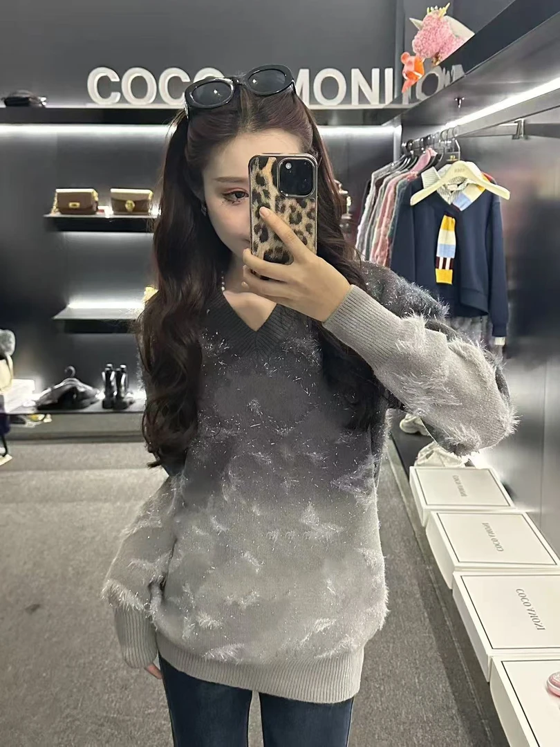 冬季潮流百搭宽松时尚亮丝扎染渐变色针织衫毛衣DS266