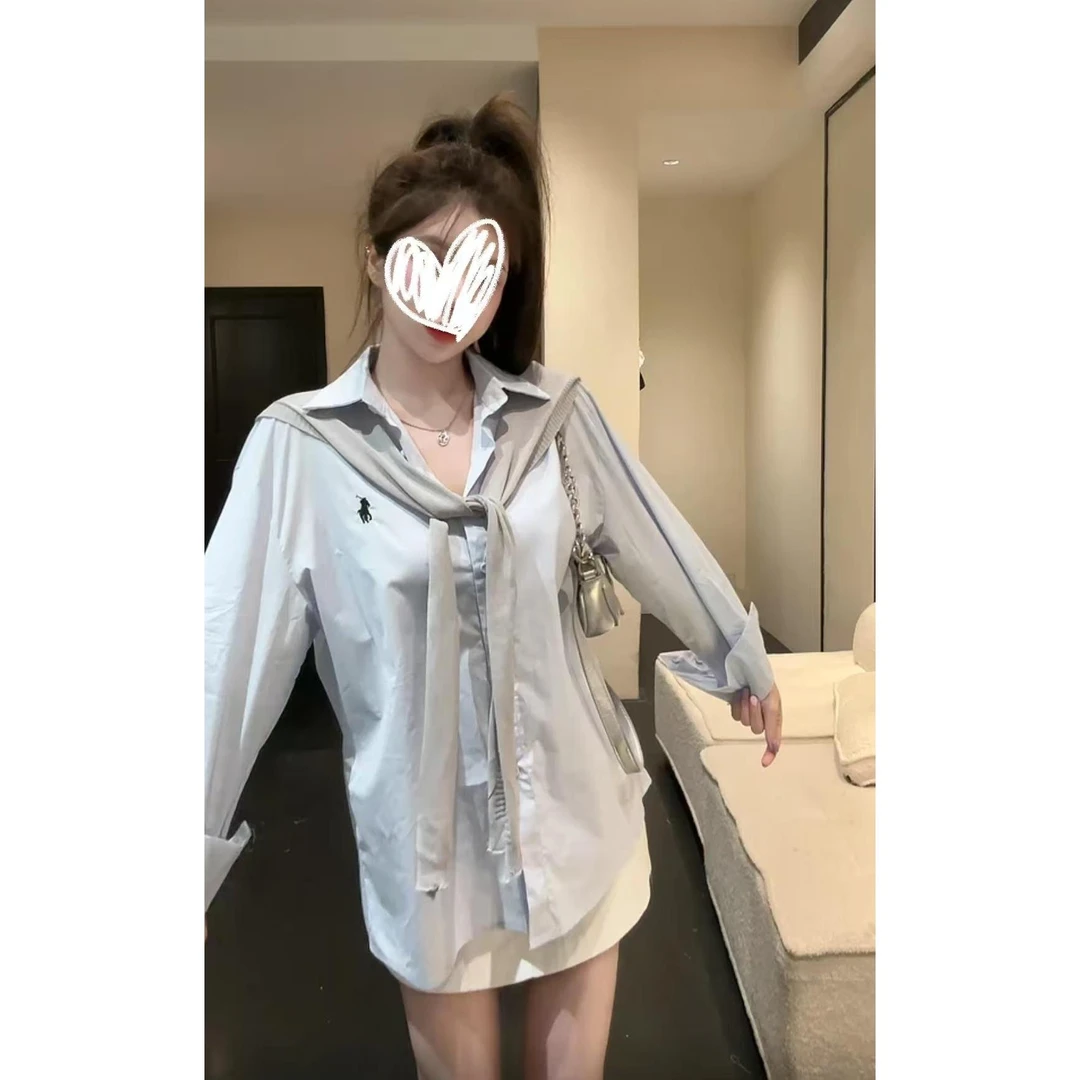 新款翻领单排扣长袖衬衫+披肩两件套