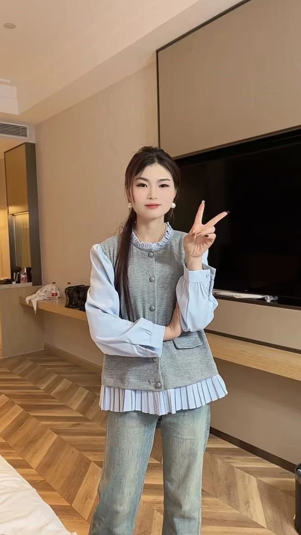 休闲百搭遮肉减龄木耳领假两件衬衫