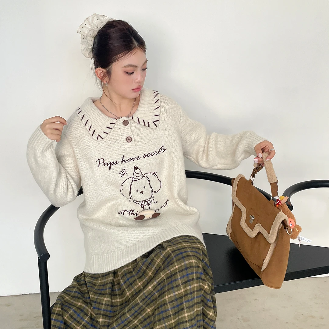 可爱提花小狗翻领纽扣毛衣女秋冬2025新款慵懒风软糯宽松针织上衣