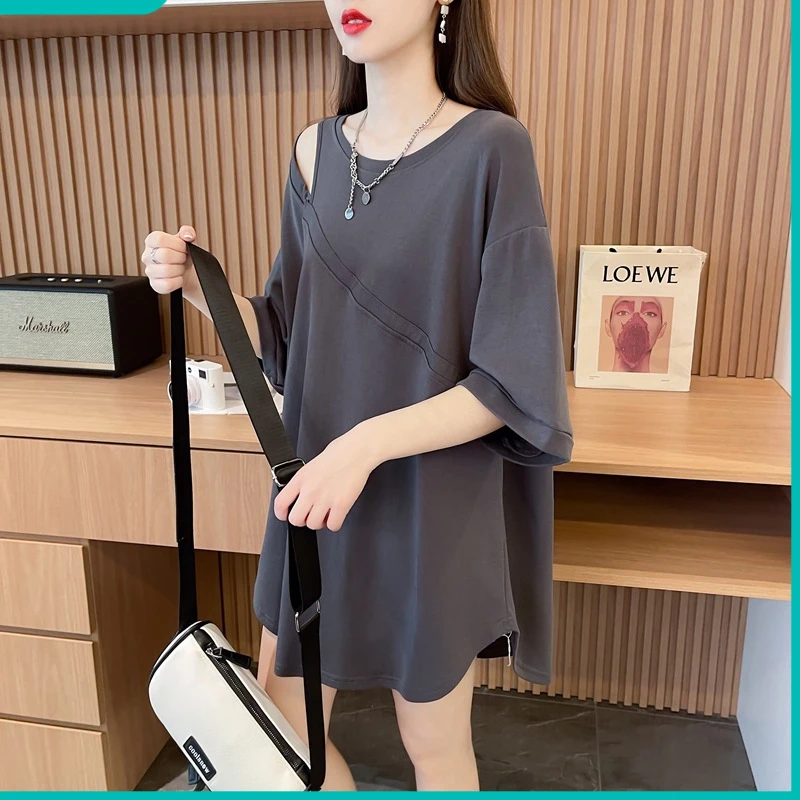 宽松上衣洋气新款设计时尚纯棉半袖中长款女潮T恤显瘦女款镂空