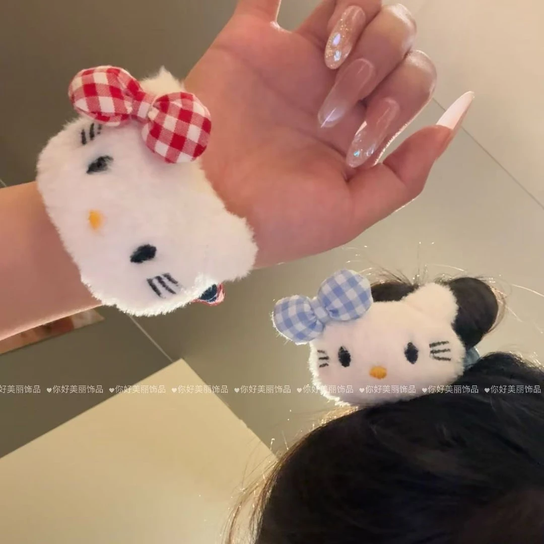 秋季新款红蓝色格子领结猫咪发圈日系可爱毛绒公仔小肠圈少女发圈