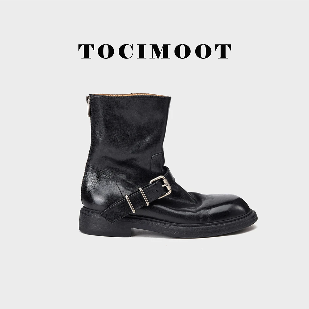 TOCIMOOT/水洗牛皮切尔西靴英伦马丁靴秋冬圆头中筒侧拉链显高