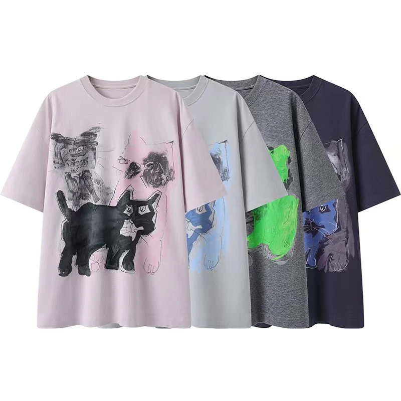 9008春季2025新款大板型设计感短袖T恤正肩猫咪