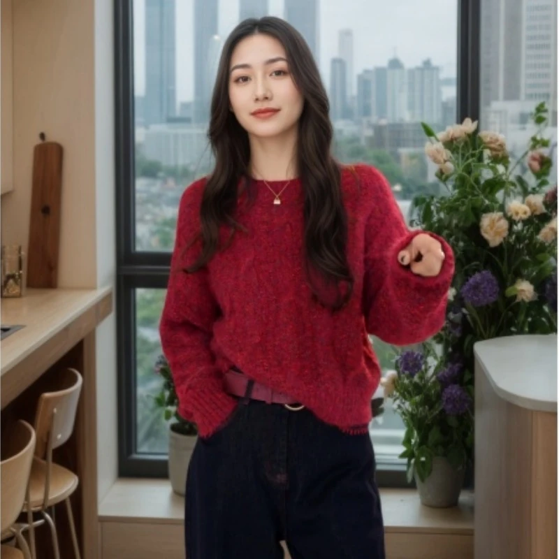 【蔓越莓红】2025秋冬新款圆领轻奢显白红色针织上衣LK2507781