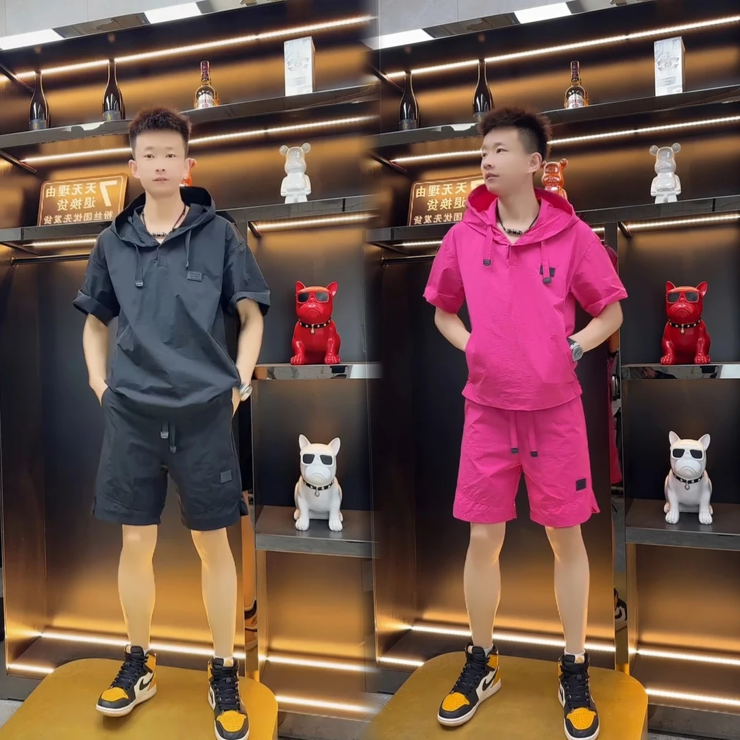 连帽速干休闲运动套装男士2025夏季新款宽松短袖短裤男女款两件套