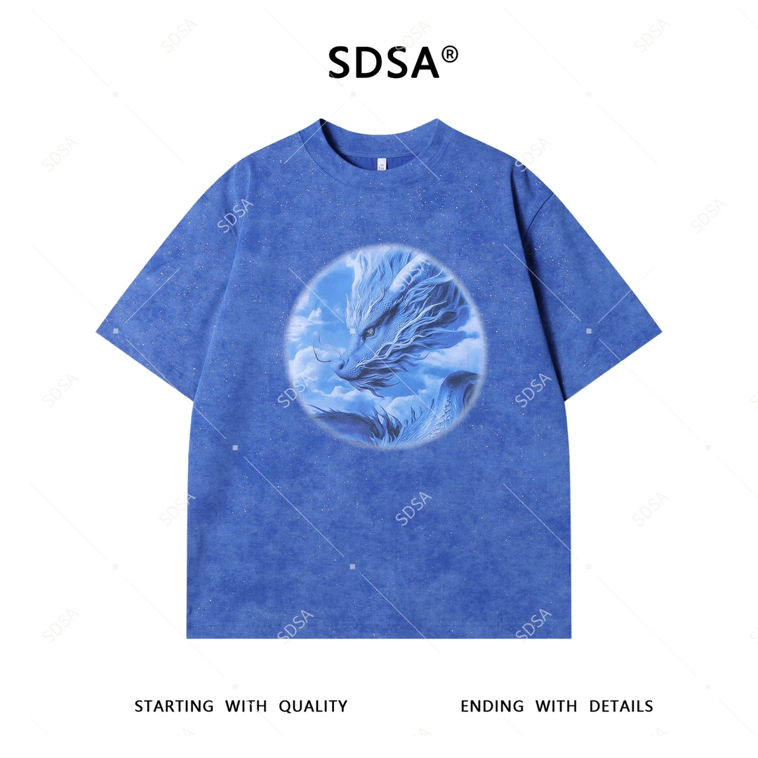 SDSA夏季新款男士痞帅扎染满天星印花龙设计短袖T恤时尚圆领上衣