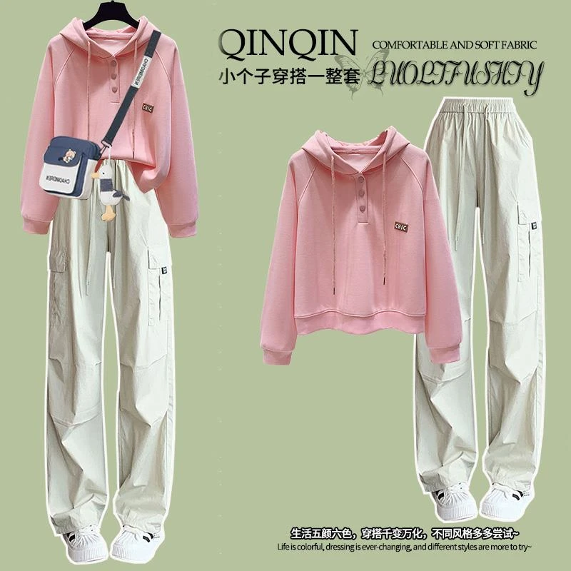 慵懒风小清新运动套装女春秋新款韩版连帽宽松卫衣休闲工装裤穿搭
