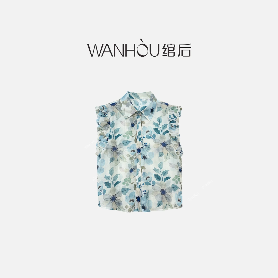 【C2874】#WH-无袖碎花衬衫女夏季新款小飞袖上衣减龄洋气独特SS