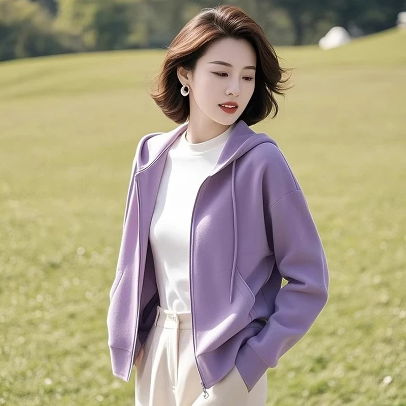 优雅气质风紫色连帽外套女2025春秋新款慵懒风穿搭百搭短款上衣女