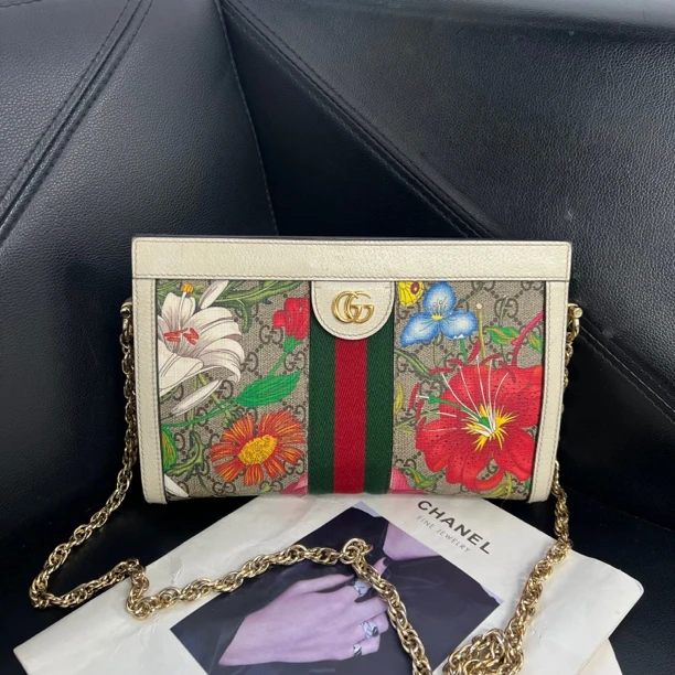 95新 GUCCI/古驰 捐金沉珠/花卉夹子单肩