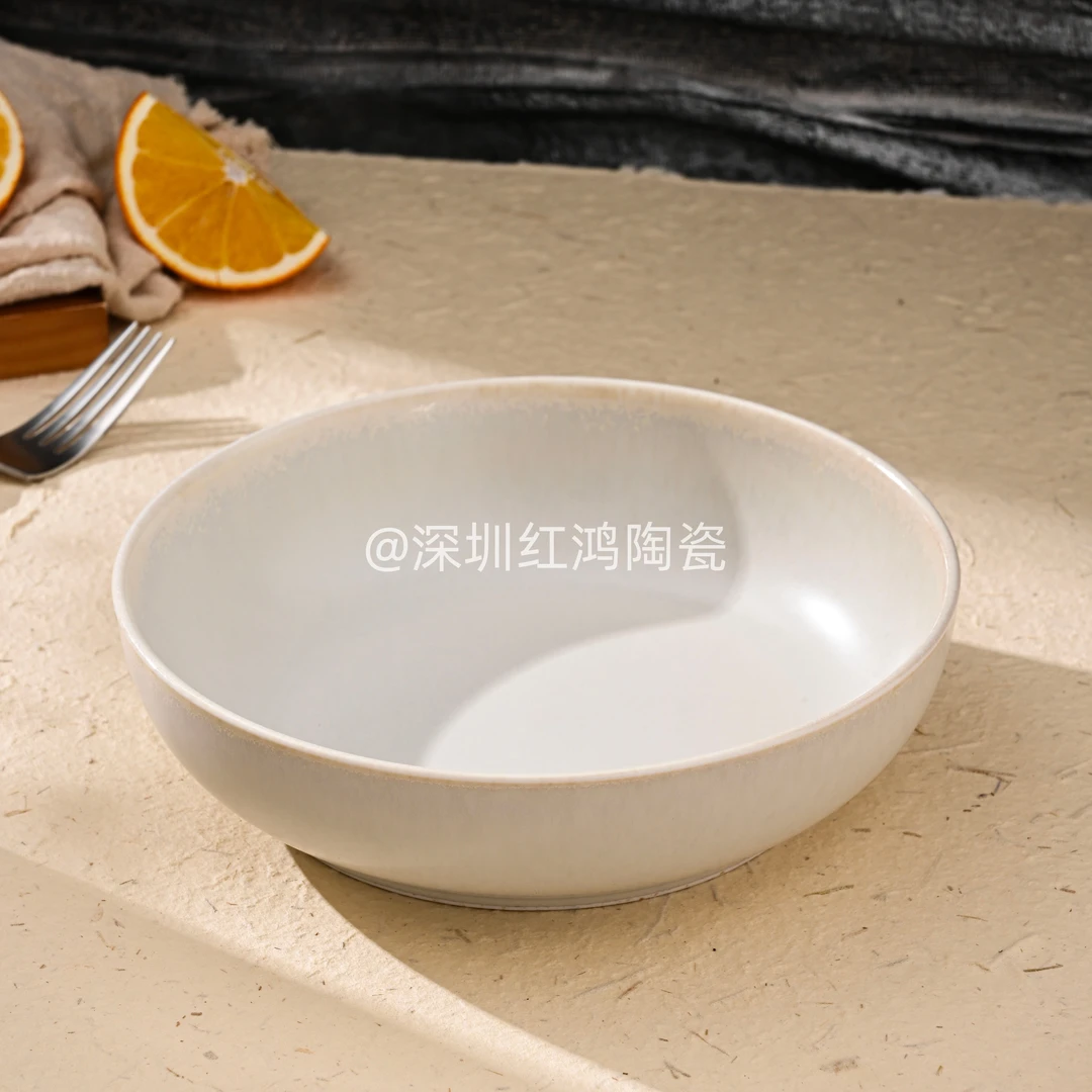深圳红鸿 8英寸高端星级柴烧黄窑变釉 圆盘深汤盘沙拉水果盘18
