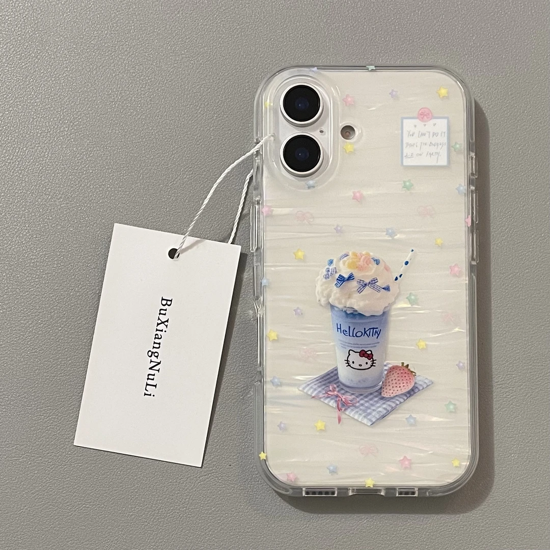 贝壳纹星星海盐奶油kitty饮料适用苹果16手机壳iPhone15全包14/13