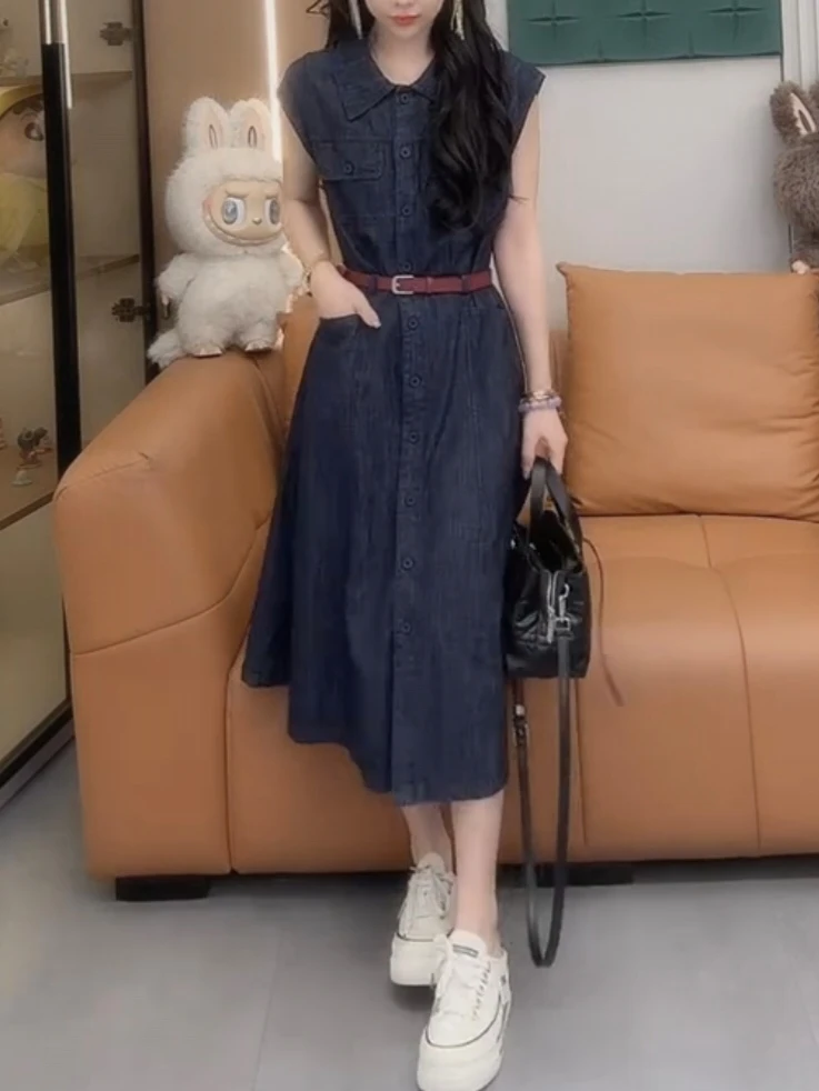 女森说夏季新款薄款落肩袖一排扣软牛仔连衣裙宽松显瘦洋气裙子
