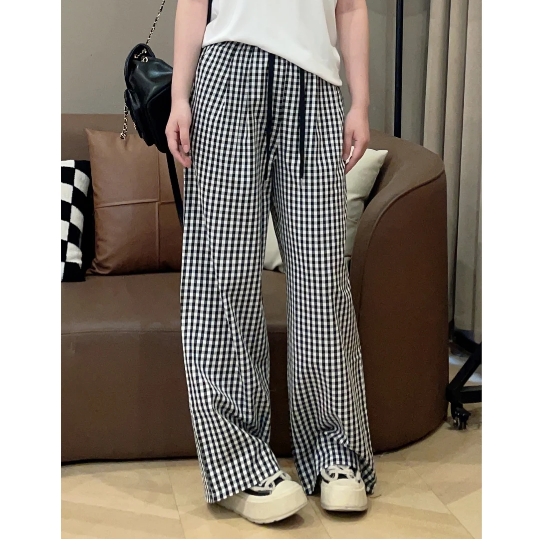 大萌萌【现货】时尚百搭休闲高腰格子长裤夏季微胖显瘦女P225X05161