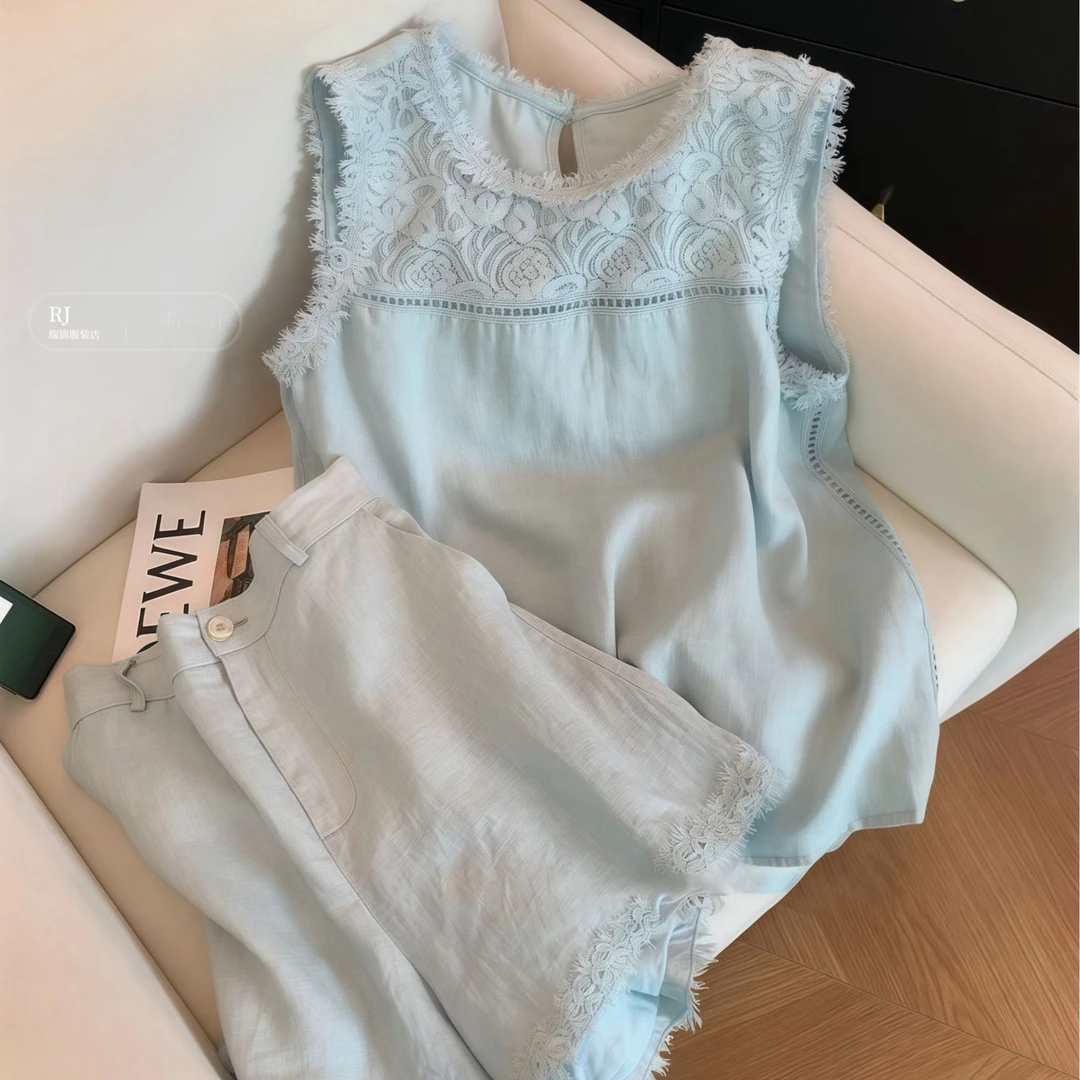 【RJ】拼接无袖短裤夏季新款时尚休闲网红时尚炸街新款女装