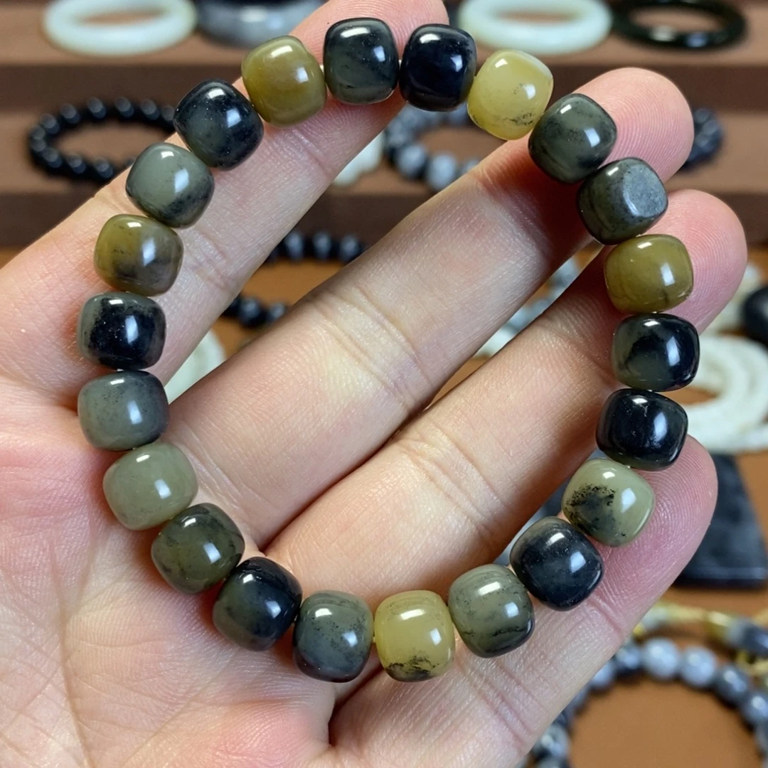 和田玉未镶嵌手串新疆和田玉青花三色9×10老型珠手串