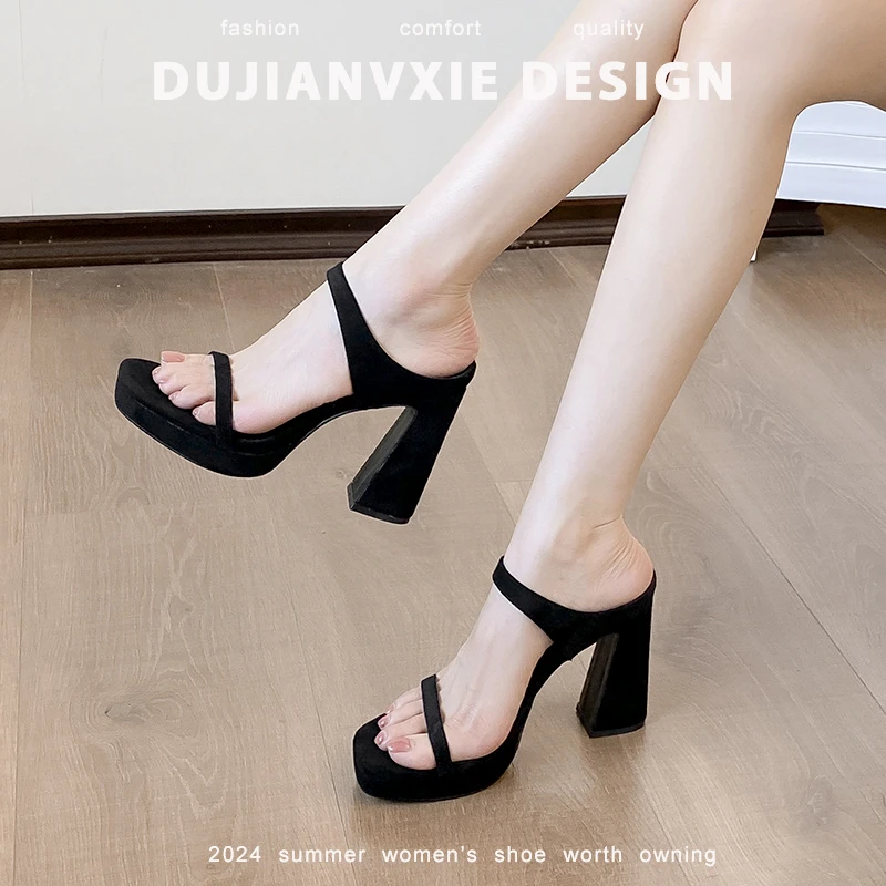 2025年夏季新款方头一字带高跟鞋女粗跟防水台气质时尚性感凉鞋
