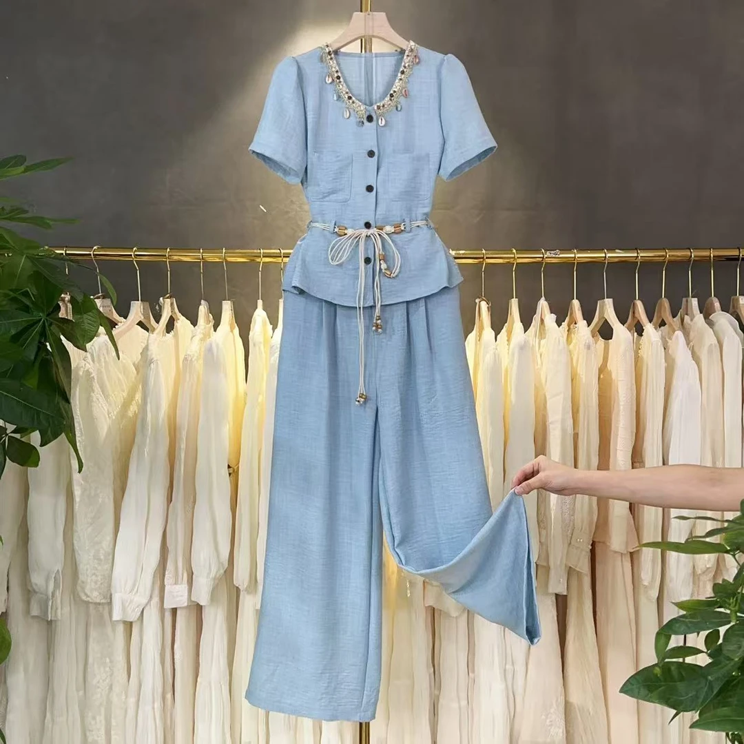 串珠系带上衣阔腿裤两件套女2025夏季新款波嬉风贝壳装饰套装M212